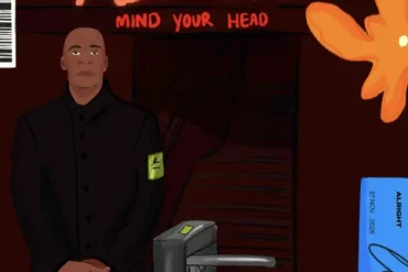 Security guard in a black uniform stands by a turnstile at a dim doorway, neon 'ALRIGHT' sign above the scene.